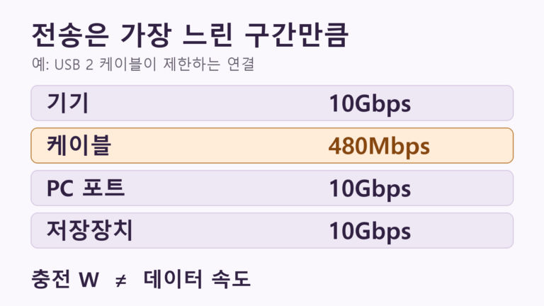 USB-C 케이블, 충전은 되는데 전송은 느릴 때: 교체 전 확인할 것